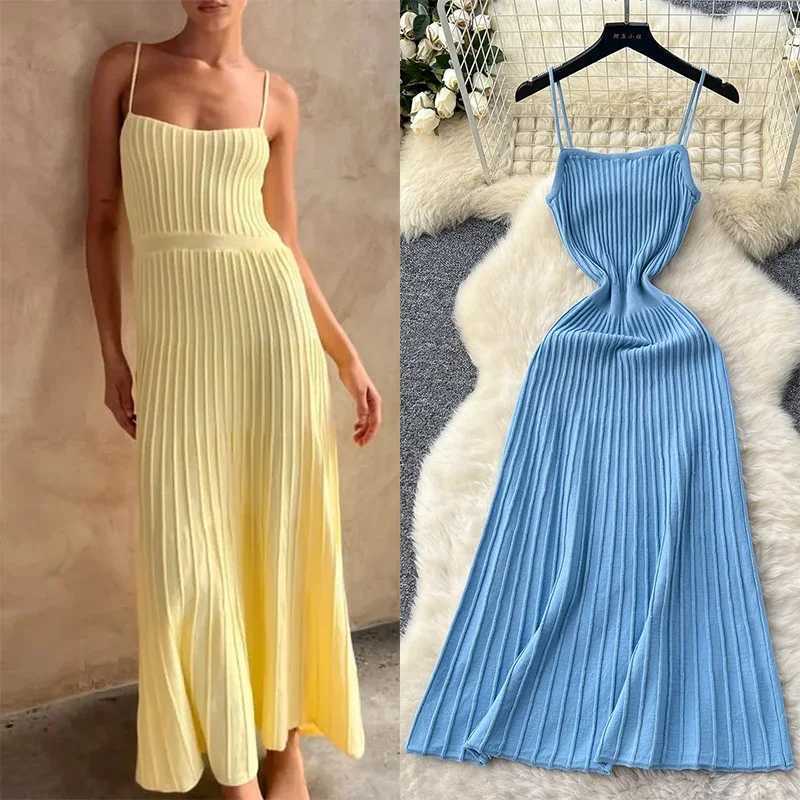 Knitted Pleated Long Dress High Waist Midi Sling Dress Elegant Sleeveless Yellow Dress Women Streetwear Black Bodycon DressXJ250514