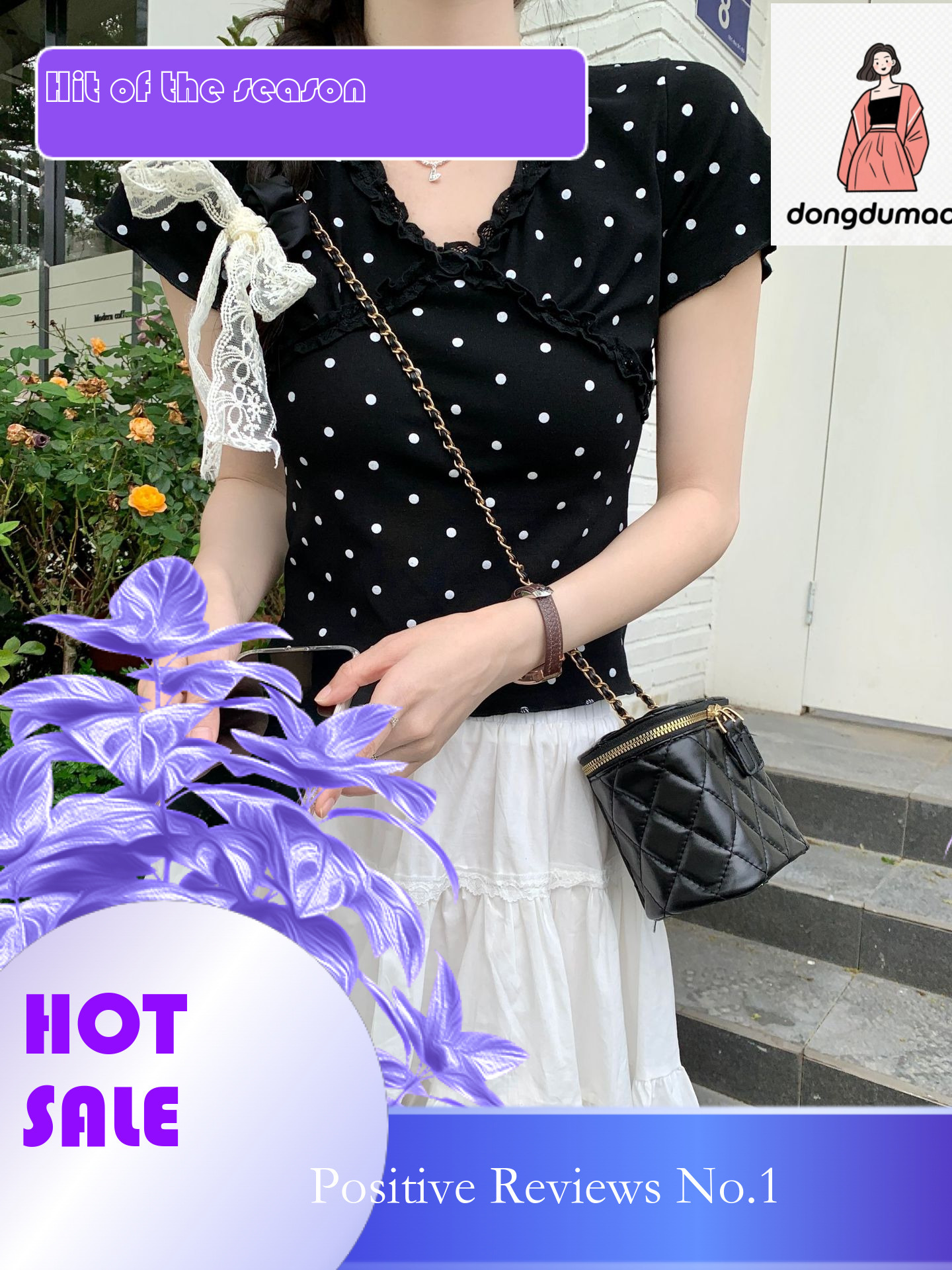 dongdumaoyi Lace fungus edge polka dot V-neck T-shirt for women in summer 2025, new design sense, short sleeved top