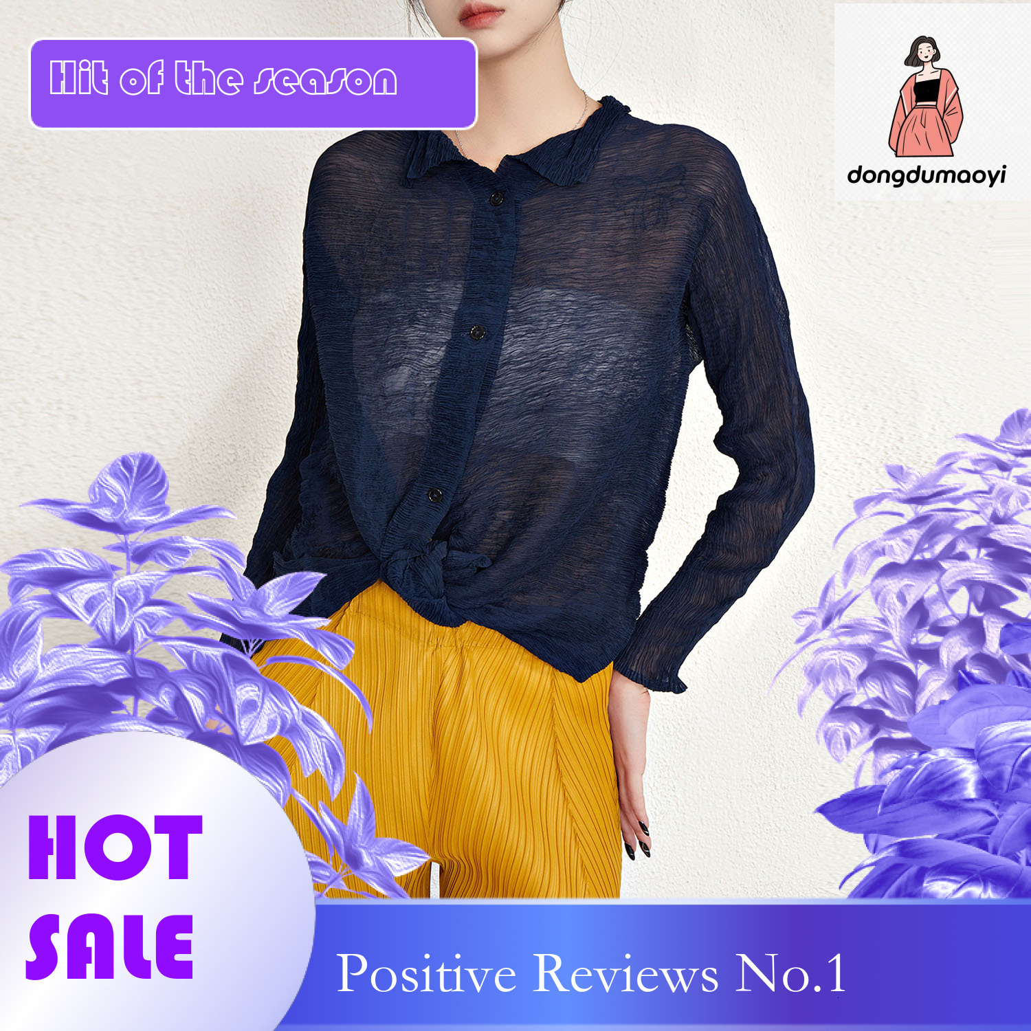dongdumaoyi Micro transparent sun protection for women's summer new Miyake thin design, niche pleated loose long sleeved chiffon shirt