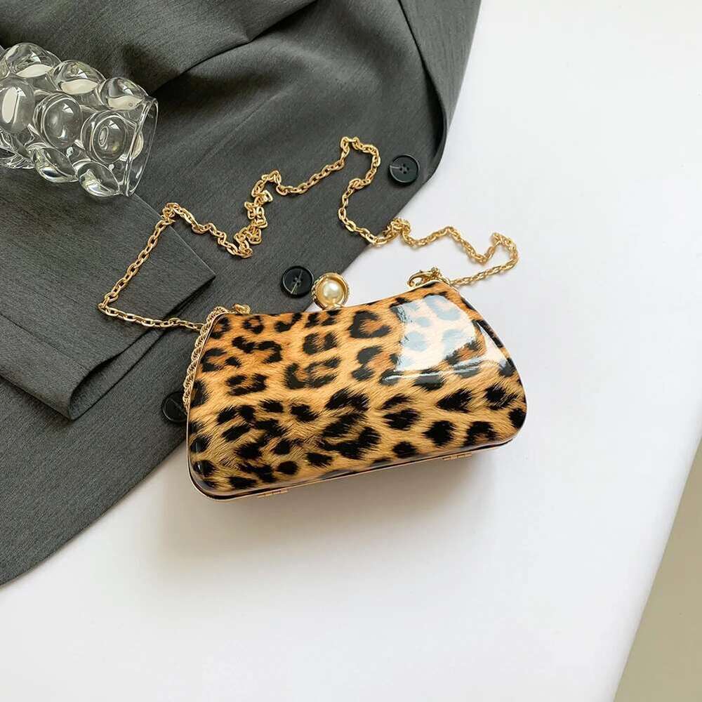 Women Handbag Leopard Shoulder Bag Chain Clutch Purse Rhinestone Top Handle Satchel For Wedding Party Prom