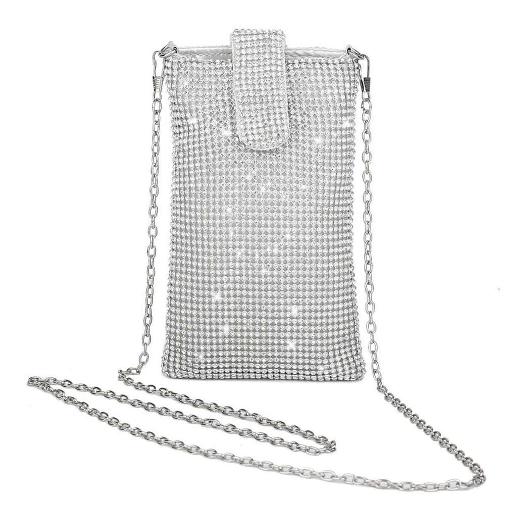Shiny Rhinestone Mobile Phone Wallet, Metal Chain Shoulder Lipstick Mini Bag, Dinner Party Ball Messenger Bag