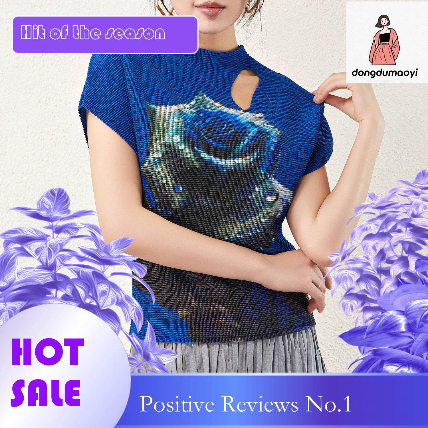 dongdumaoyi Miyake style top 2024 new half neck short sleeved fashionable printed hollow out clothes women's rose T-shirt