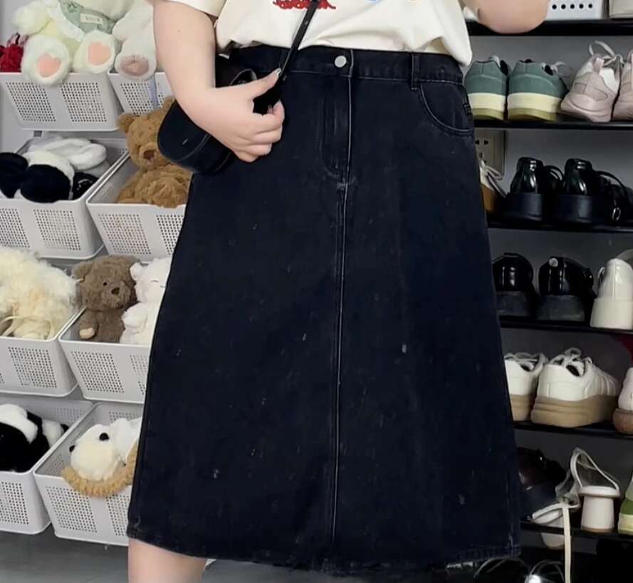 Large Size L-4XL Women College Style Age-reducing Versatile Long A-Line Denim Solid Color Elastic High Waist Skirt