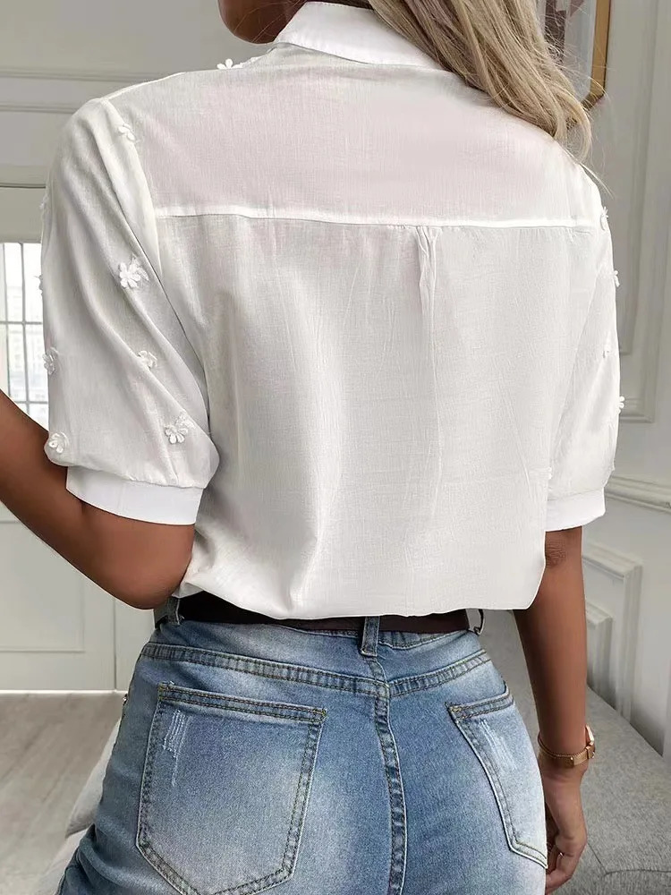 Spring y Women Blouse Fashion Summer Vneck Lantern Sleeve White Shirt Woman Vintage Cotton Hollowout Tops 24350 250514