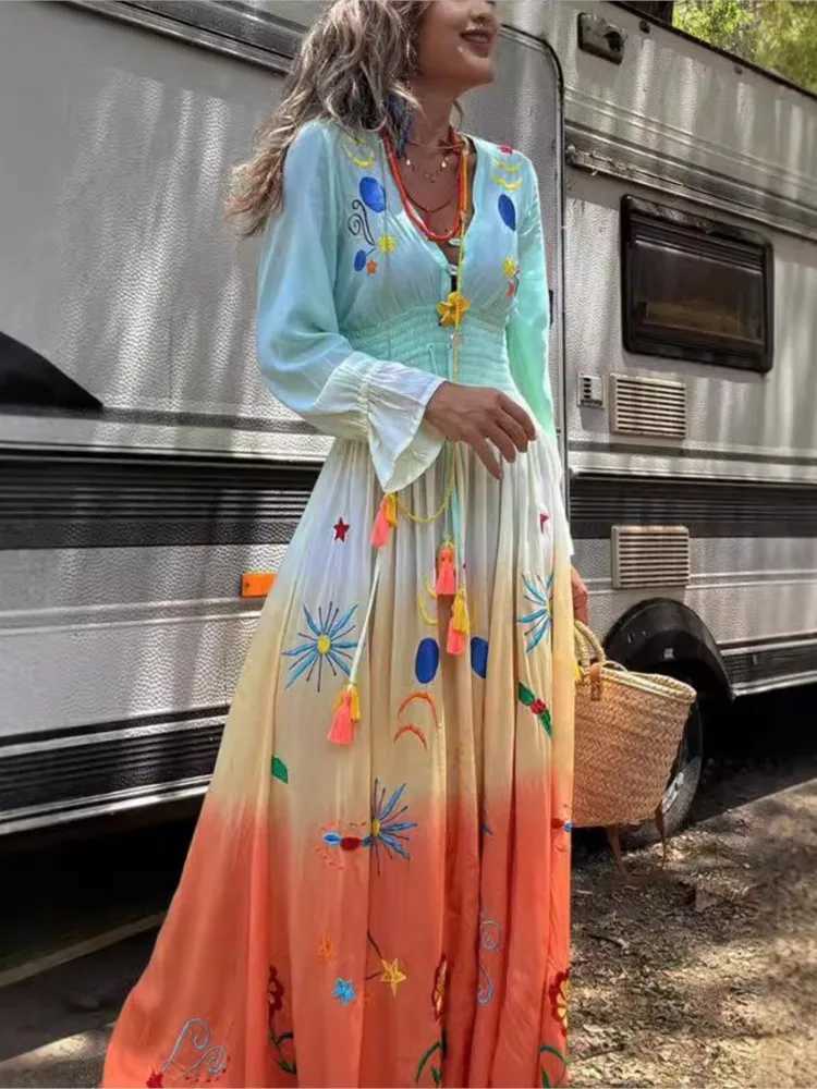 Flower Gradient Print Long Dresses Women Fashion V-neck Long Sleeve Tassel A-line Slit Dress Beach Vacation Vestidos Female NewXJ250514