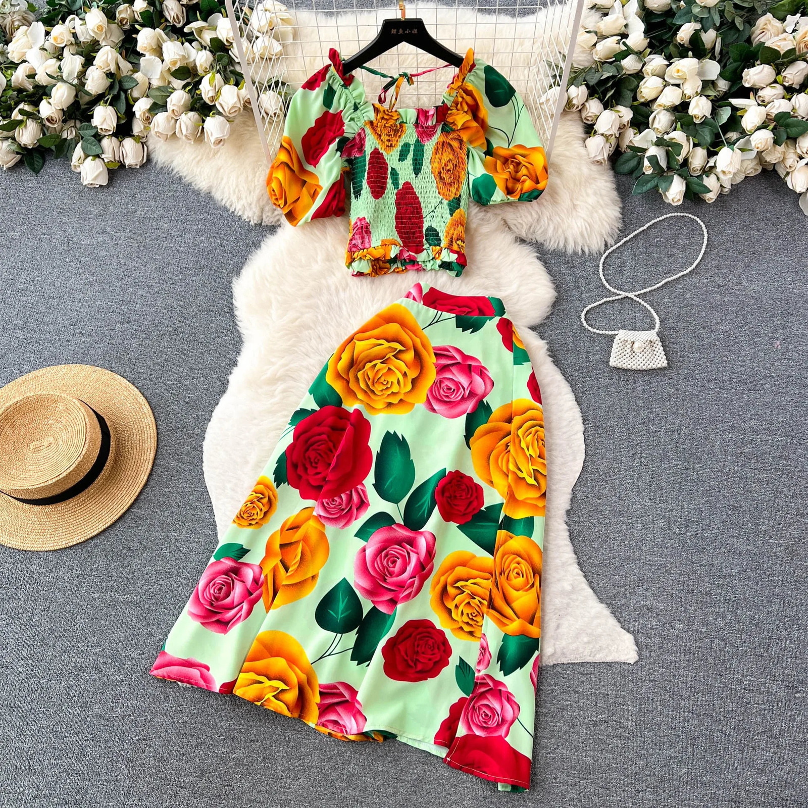 YuooMuoo Women Dress Set Summer Y2K Fashion Print Flowers Crop Tops Long Aline Skirts Lady Vacation Beach Two Piece Suits 250514