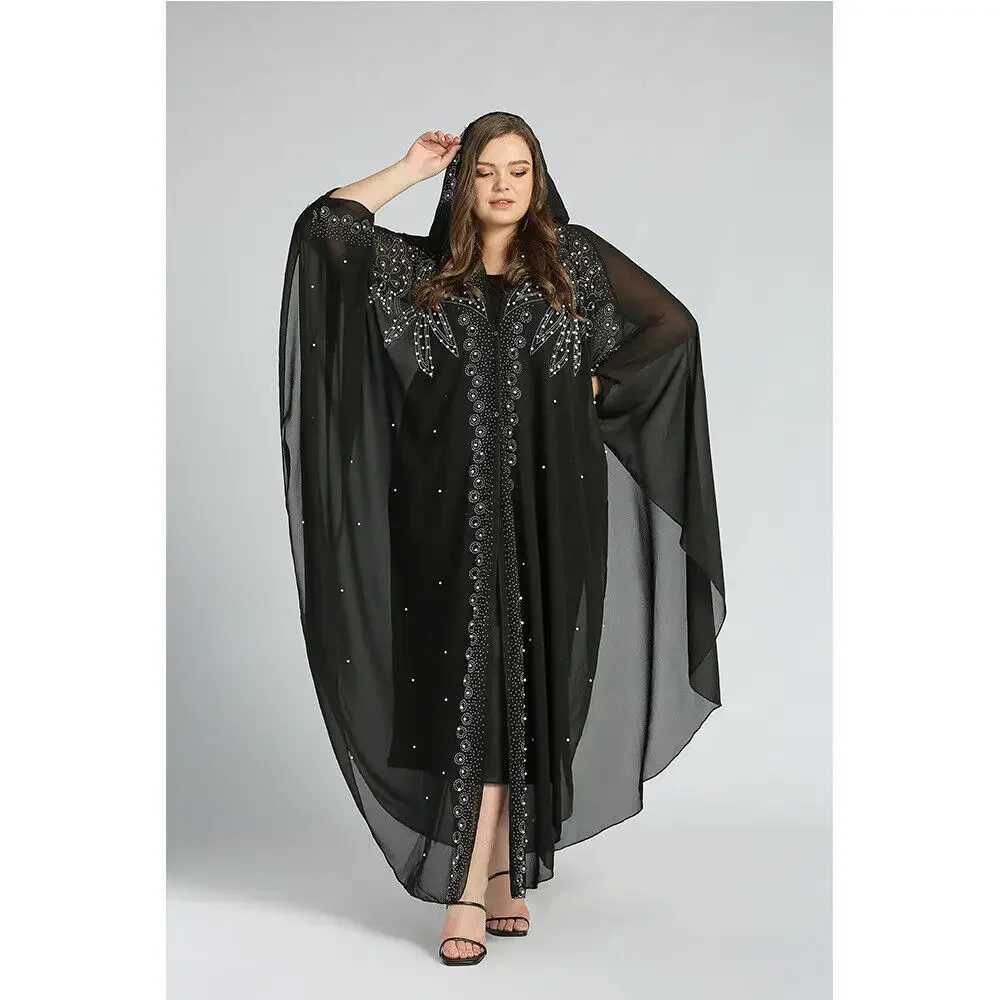 Fashion African Muslim Womens Bat Slves Loose Robe Evening Gown Kaftan Rhinestone Beaded Hooded Chiffon Maxi Dress X250514
