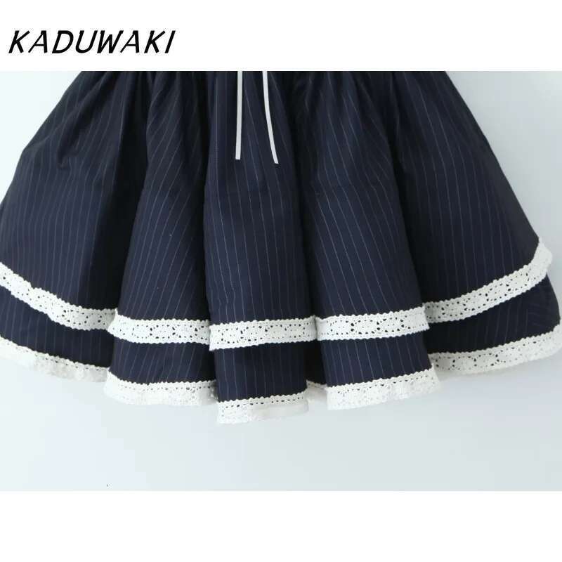 KADUWAKI Navy White Striped Spliced Lace Collar Ball Gown Dress Puff Sleeve Retro Women Ruched Waist Lacing Up Back Cake Dresses