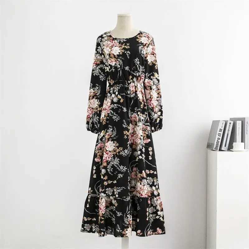 Spring Autumn Women Chiffon Dresses Casual Floral Printed Bark Crinkling Long Dresses O-neck Long Slve Loose Muslim Maxi Dress X250514