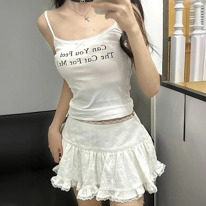 Balletcore Ruffled Mini Skirt with Lace Trim Low Rise Tiered White Summer Women TeenGirl Y2K Goth Outfit 250514