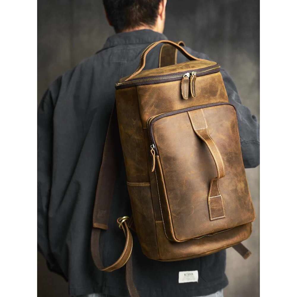 Genuine Leather Men's Backpack Retro Outdoor Gym Bag Cylinder Handbag Camping Commuter Laptop Bag