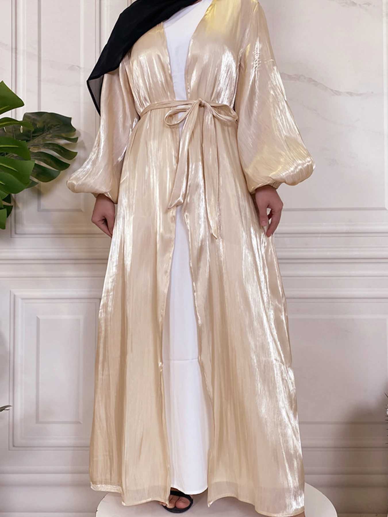 Chic Glitter Muslim Kimono Abaya Puff Slve Retro Ethnic Cardigan Robe Dubai Middle Eastern Saudi Arabia Eid Clothes Outwear X250514