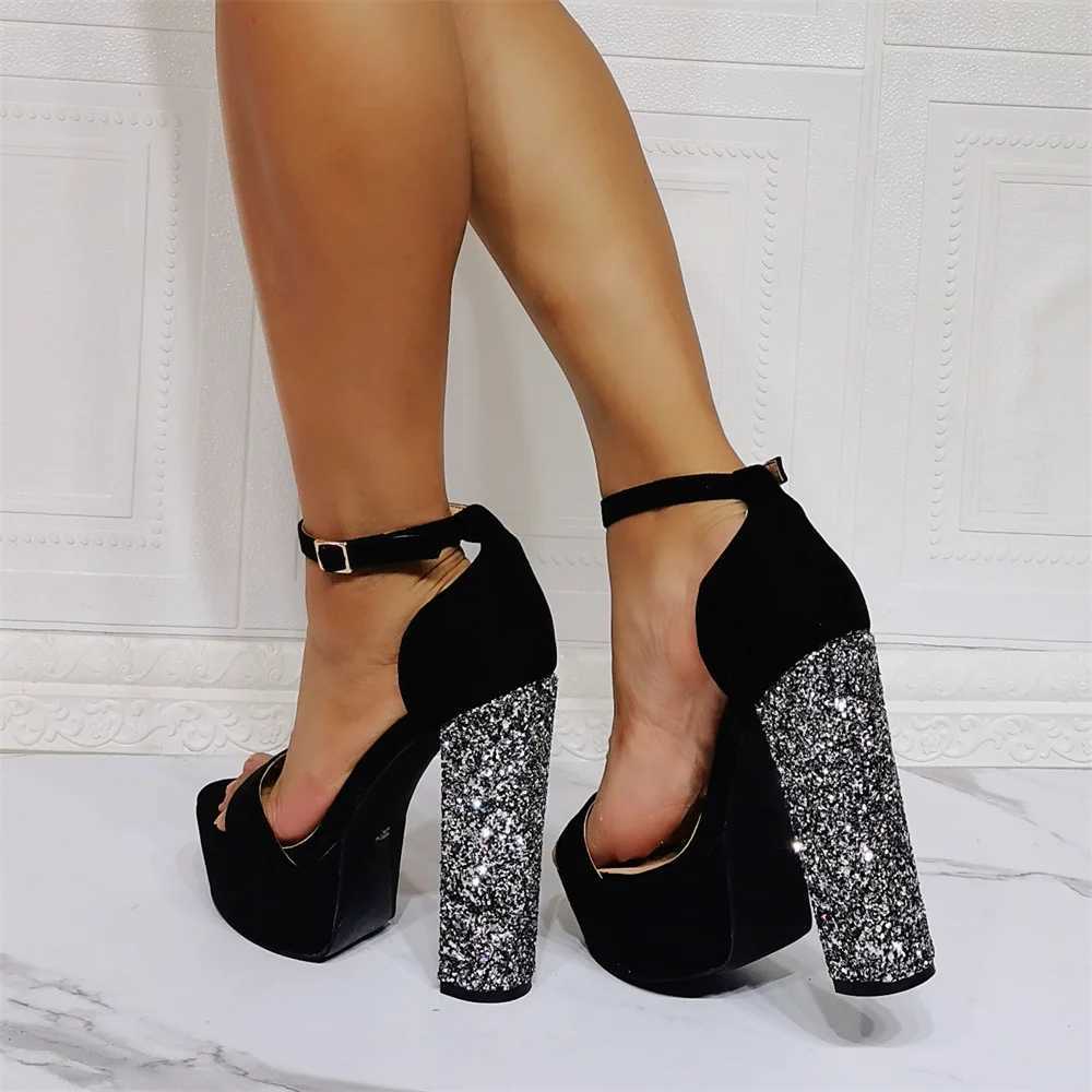 Boldees Chic Black Suede Chunky Heel Platform Sandals Line Buckle Style OpenToe Glittery Sequins Decorated Block HeelDress Shoes W250514