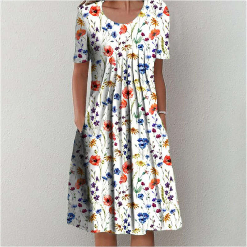 Women Clothes Dress TEMU Large Size Spring Summer Women S Elegant Big Swing Skirt Round Neck Printed Short Sleeve Dress KQ