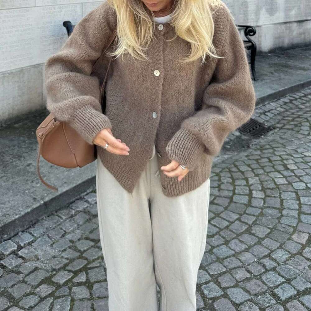 Combhasaki Women's Y2K Chic Solid Color Fuzzy Loose Cardigan Long Sleeve Button Down Round Neck Sweater Soft Knit Tops Outerwear