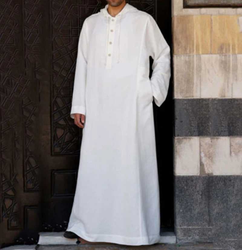Mens Muslim Robes Saudi Arabia Juba Islamic Kafatan Casual Loose Robe Shirt Solid Color Long Sleeve Hooded Button Pocket Robe X250514
