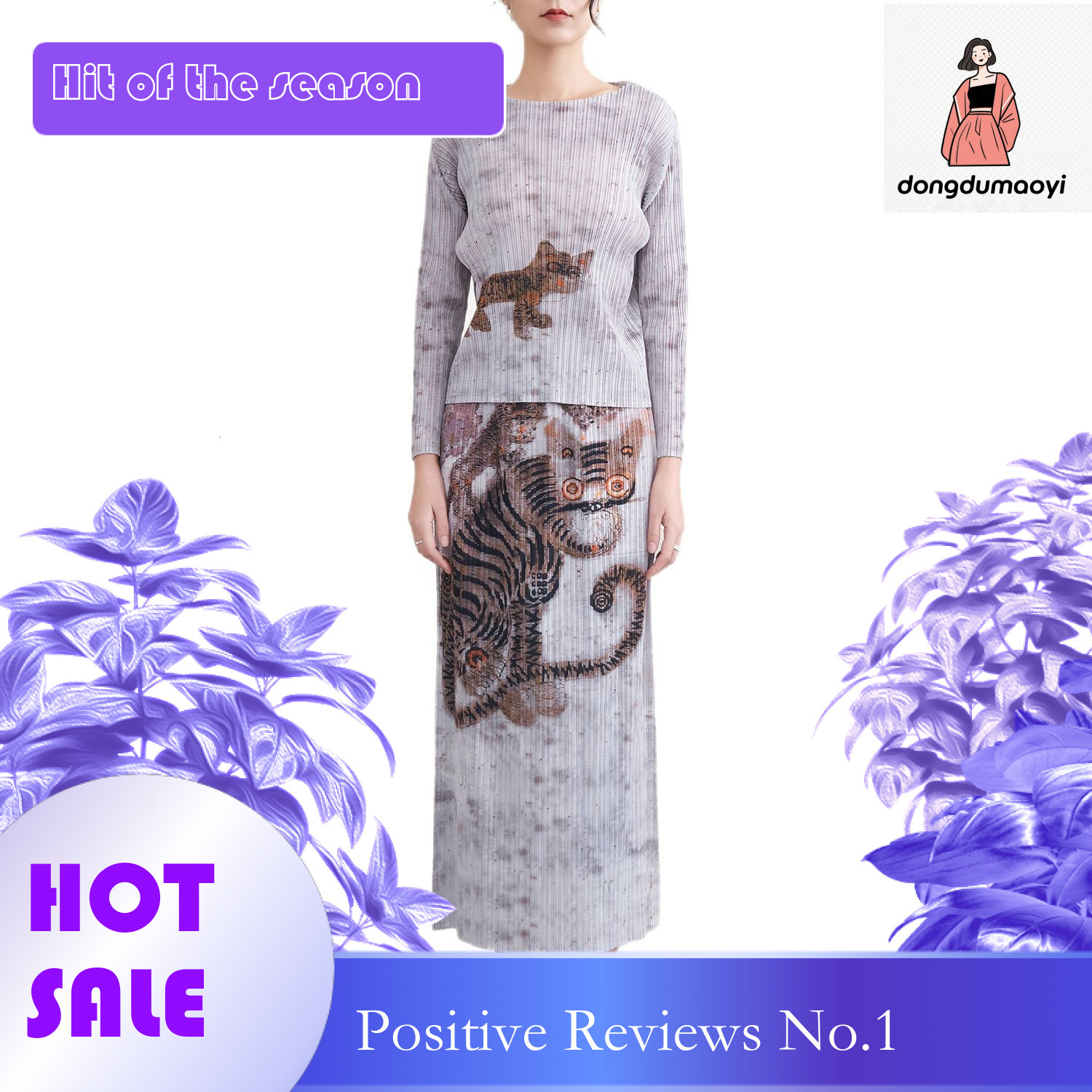 dongdumaoyi 2025 New Style Folded print slim fit and slimming round neck base shirt top printed skirt set