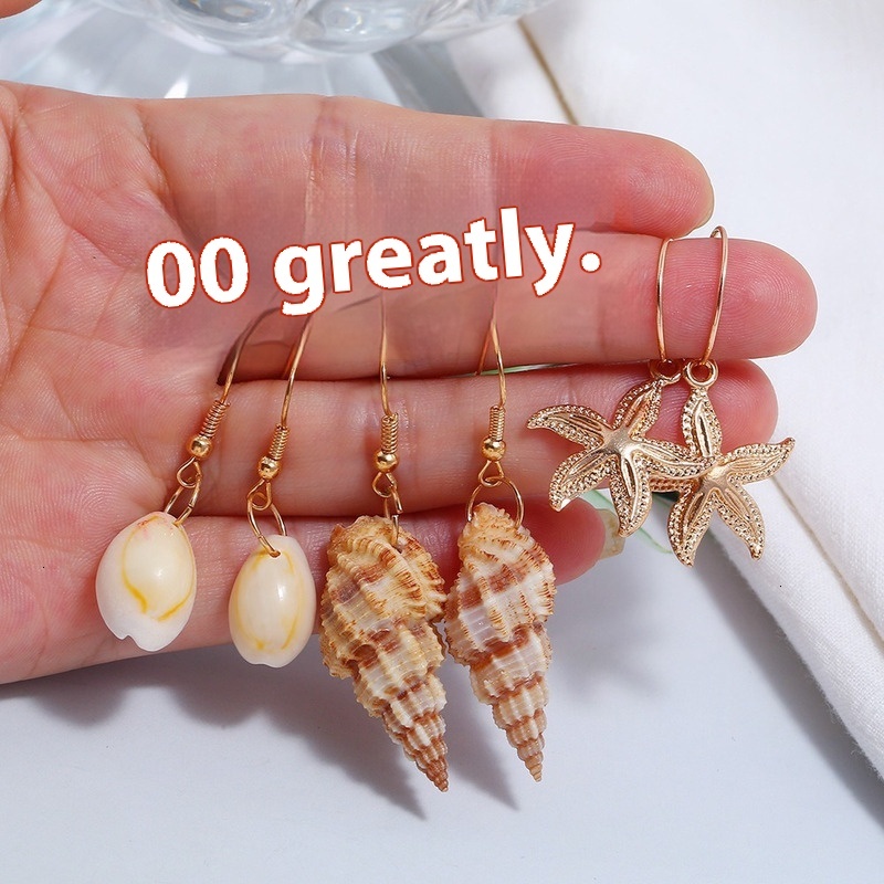 Popular fashionable beach style, golden shell, starfish, conch, 5 pairs of combination and earrings