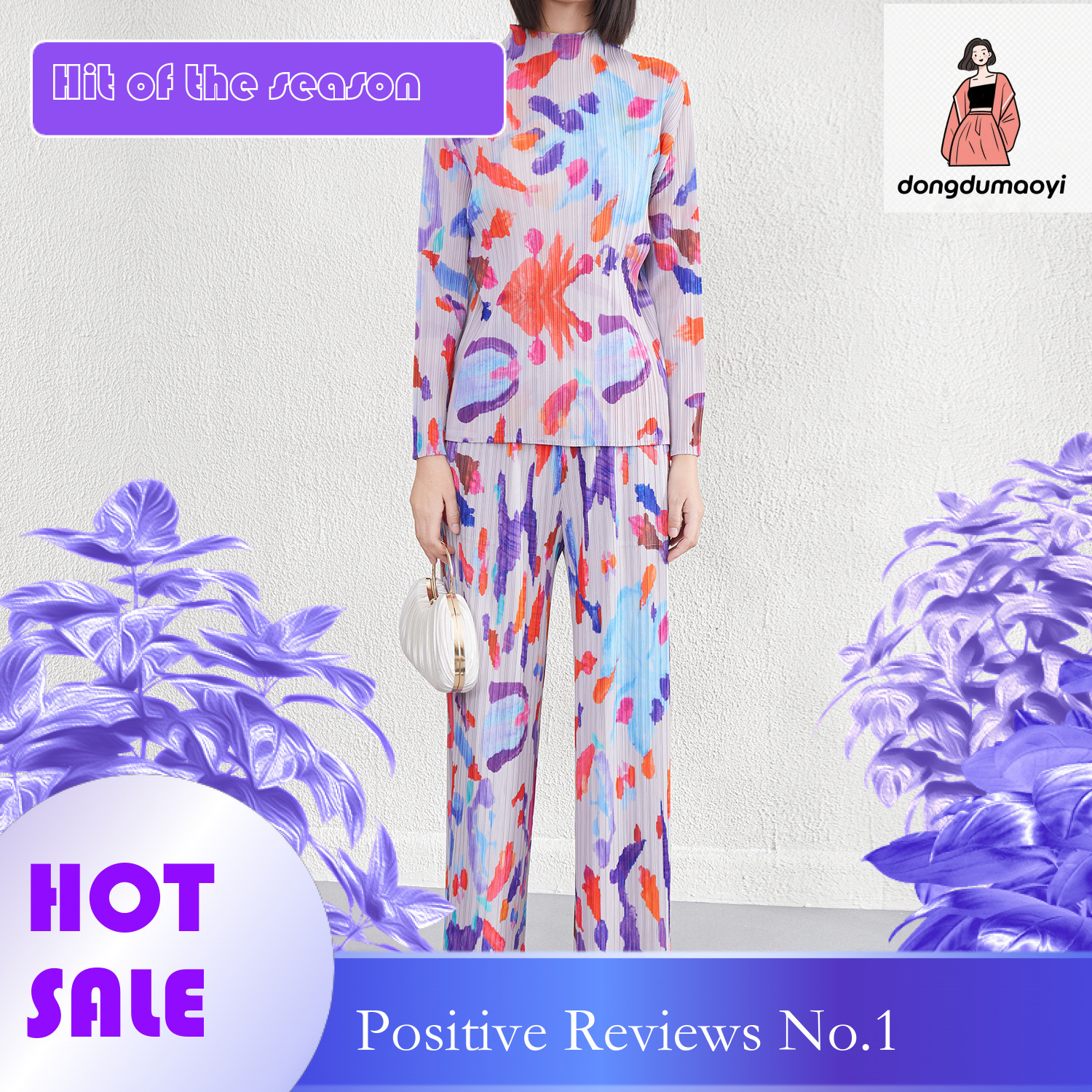 dongdumaoyi San Zhai Graffiti Half High Collar T-shirt Bottom Shirt Spring and Autumn New Product Casual Fashion Western Versatile Top Pants Set