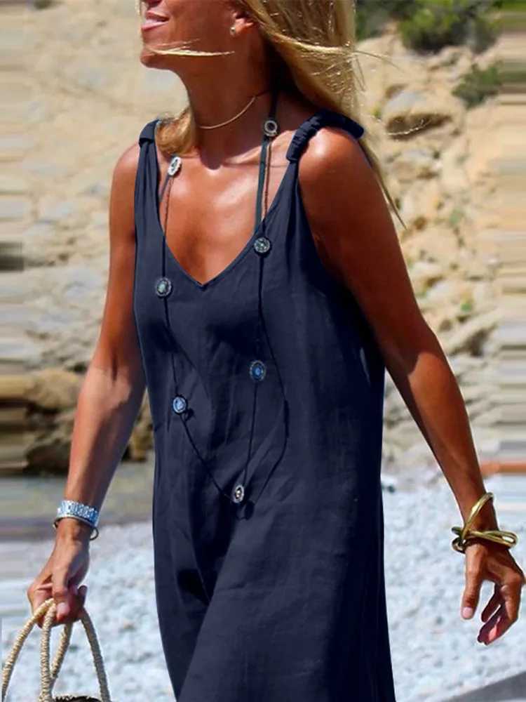 Womens Loose Sundress Summer Holiday Beachwear V Neck Sleeveless Baggy Long Maxi Party Dresses Oversized S-5XL JYFS-0227XJ250514