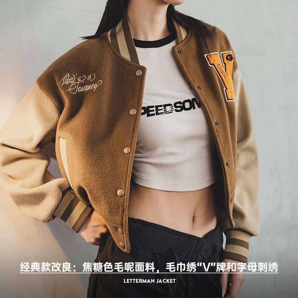 Maden Vintage Collegiate Baseball Jacket with Letter Embroidery Woolen Thicker Short Versatile Coat for Women's Fall and Winter