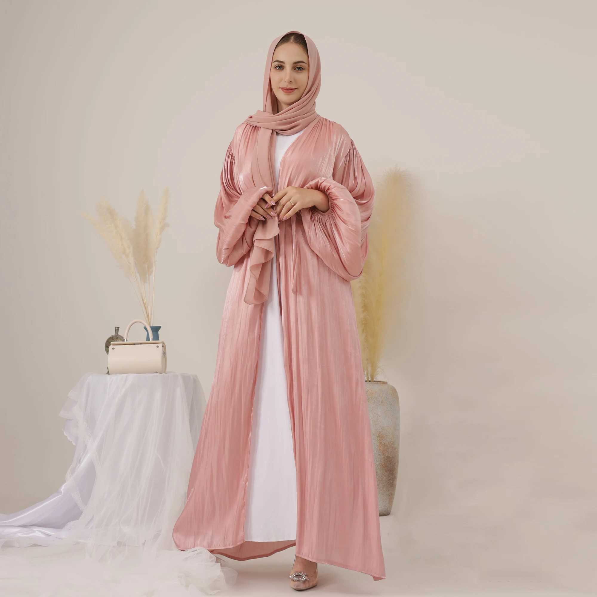 2024 Eid Djellaba Abaya Dubai Shiny Soft Cuff Slves Muslim Dress Silky Kimono Dubai Turkey Muslim Dress Islam Abayas With Belt X250514