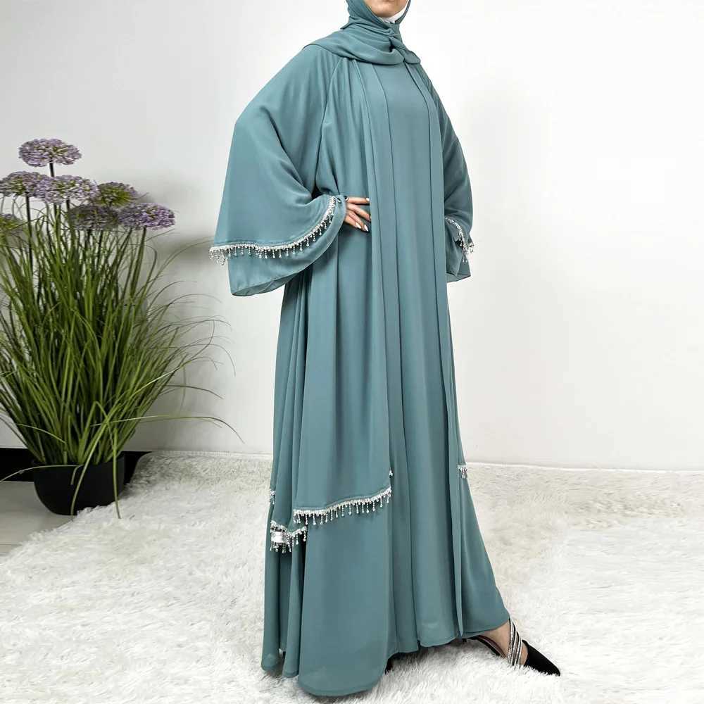 Muslim Women Chiffon Kimono Open Abaya Maxi Dress 2 Piece Matching Set Dubai Kaftan Ramadan Islam Clothing Ka Jalabiya Robe X250514