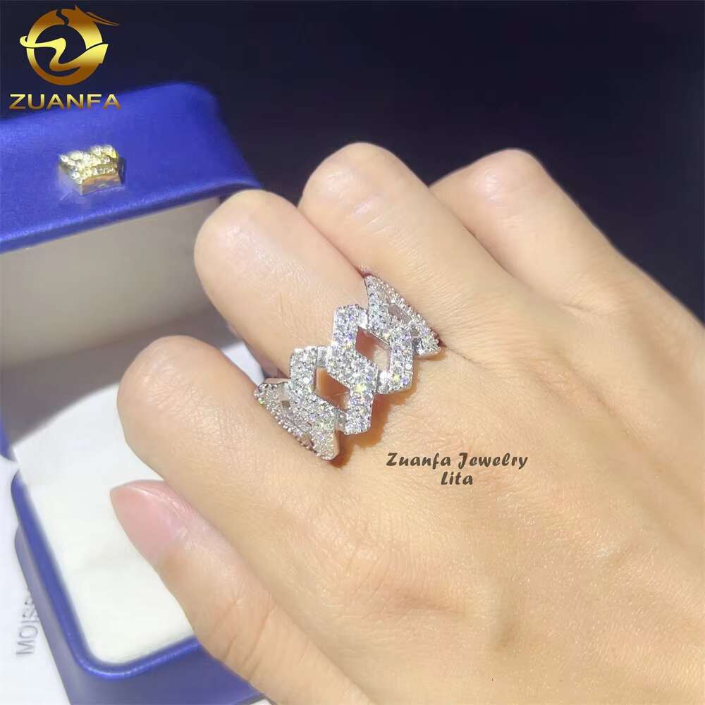 High Quality Fine Jewelry Fashion Hip Hop 2 Rows Cuban Diamond 925 Sterling Silver Moissanite Rings