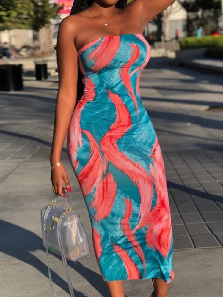 Sexy Boho Style Colorful Striped Tie-dyed Long Maxi Dress Women Strapless Sleeveless Bodycon Dress Elegant Club Party DressesXJ250514
