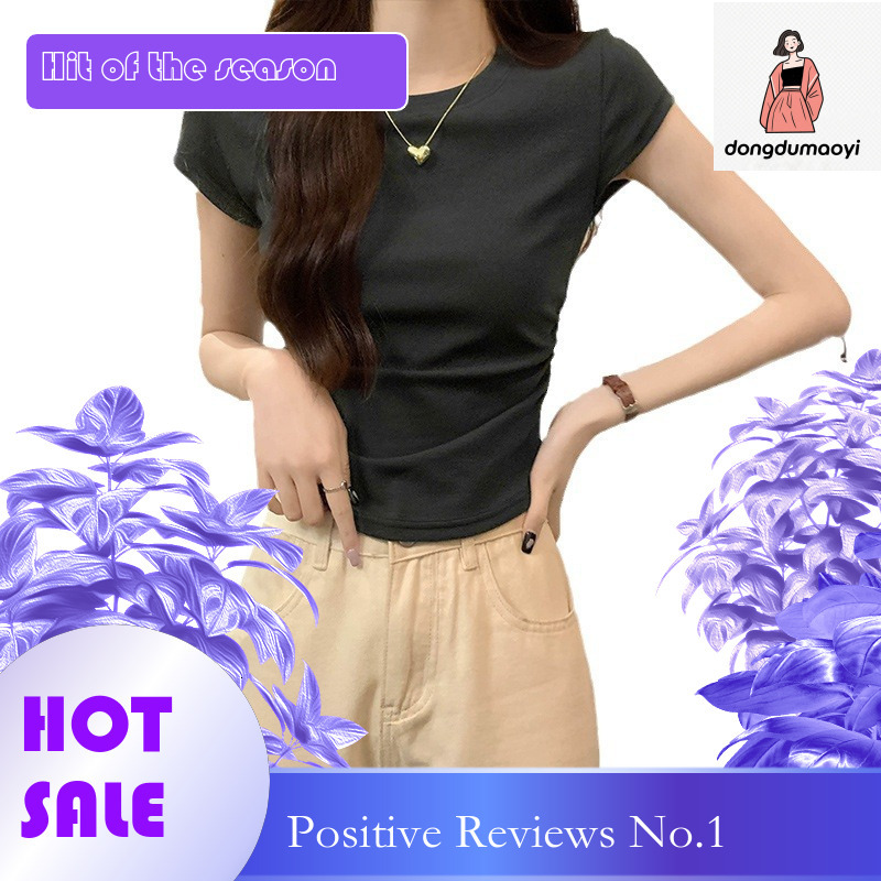 dongdumaoyi Simple round neck sleeved women's T-shirt 2024 new summer niche slim fit pleated short style chic pure desire top ins trend