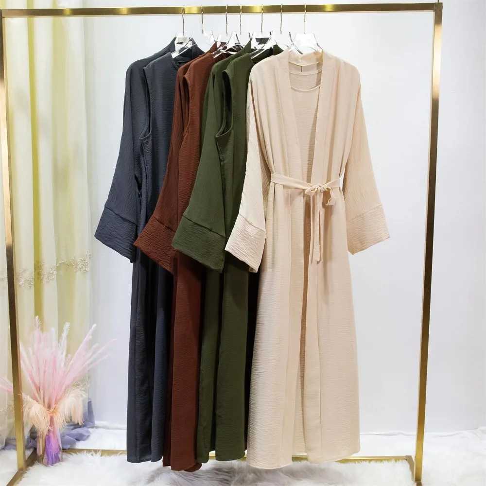 2pics Muslim Sets Muslim Jilbab Two Pieces Women Out Abaya Loose Cardigan Coat Slveless Inner Dress Prayer Clothing with Belt X250514