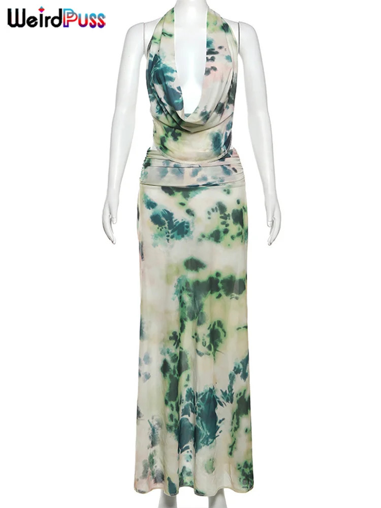 Weird Puss Backless Print Halter 2Peice Set Woman Summer SwingingCollar Bandage TankMesh Ruffles TieDye Skirt Matching Suit 250514