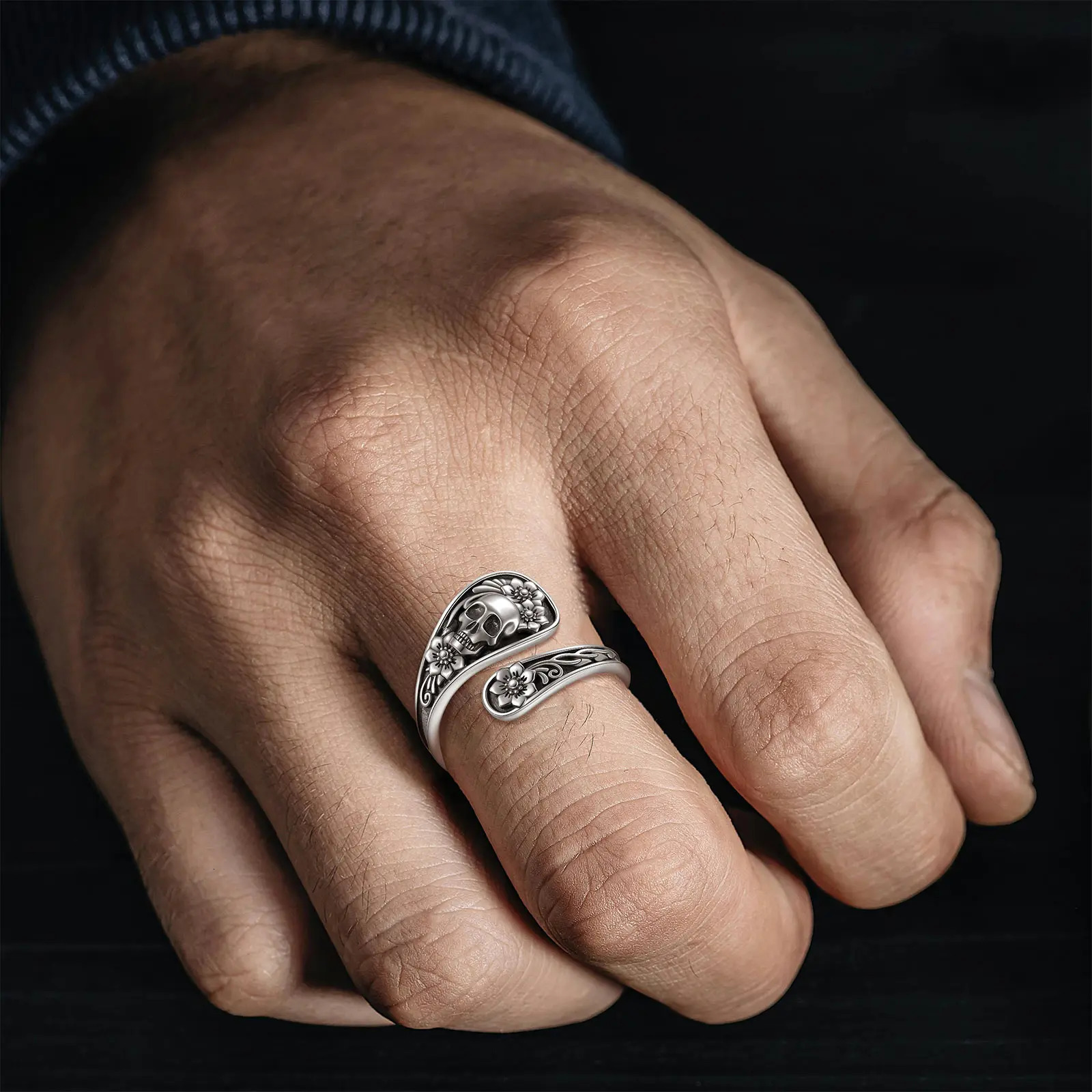 Eudora 925 Sterling Silver Gothic Skull Spoon Adjustable Ring Rose Flower Skeleton Ring Personality Jewelry Gift for Women Man 250509