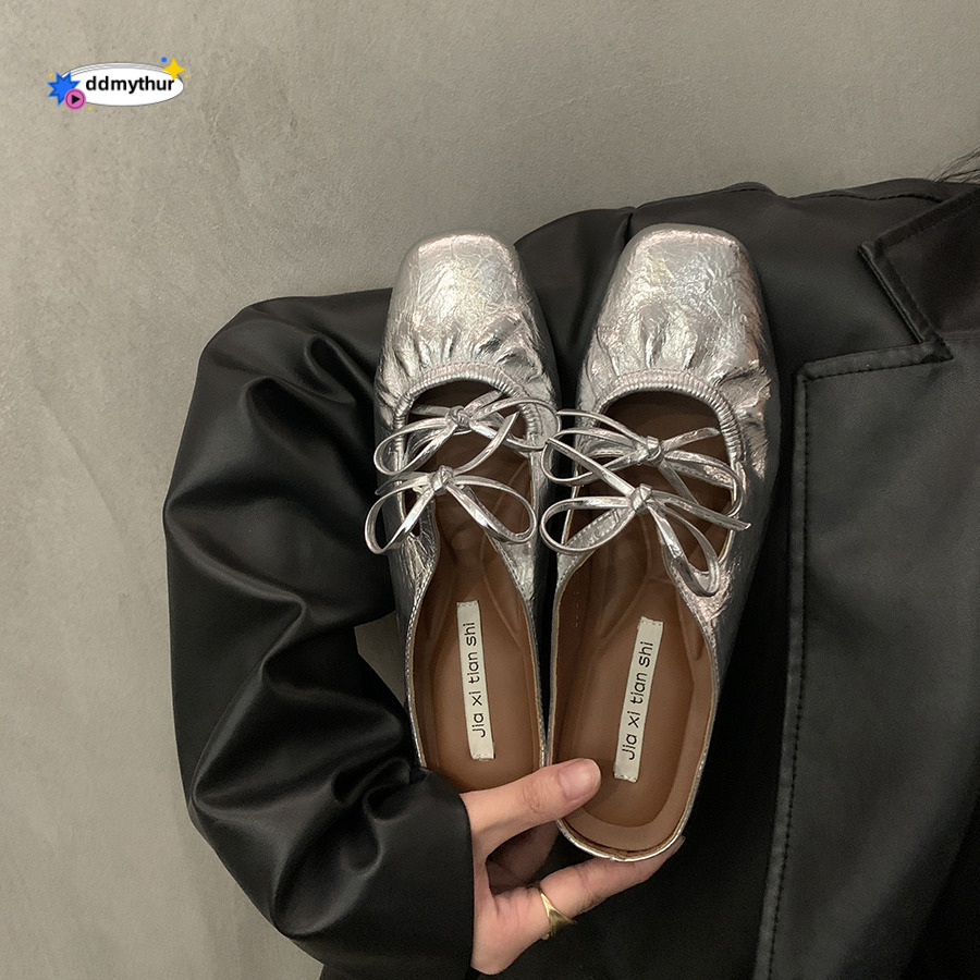 Inner height butterfly bow silver toe cap half drag women's shoes fashionable outer wear 2025 new summer Mary Jane sandals ddmythur