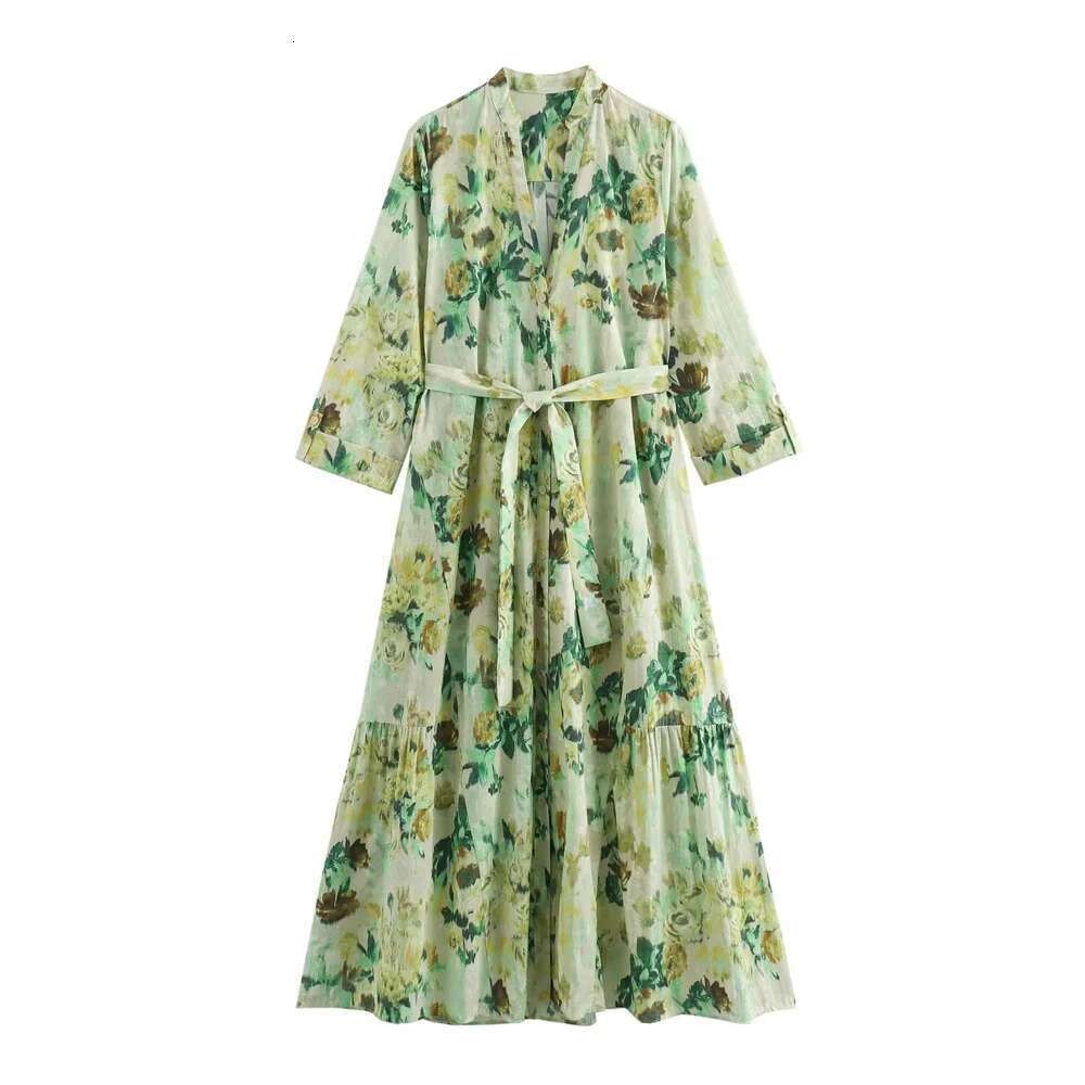 Zach Ailsa Summer New Women's Style Slim Fit Round Neck Long sleeved Bow with Belt and Button Printed Midi Dress