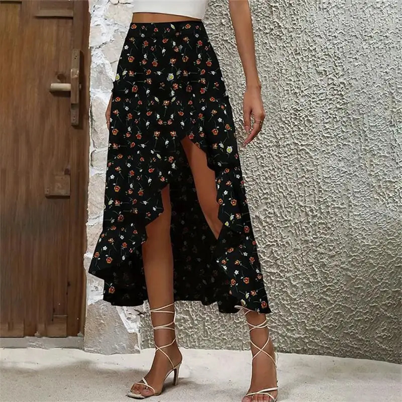Womens Ruffle Edge Irregular Half skirt Elegant and Hanging Dress Fashionable Summer Midi Floral Print Beach 250514