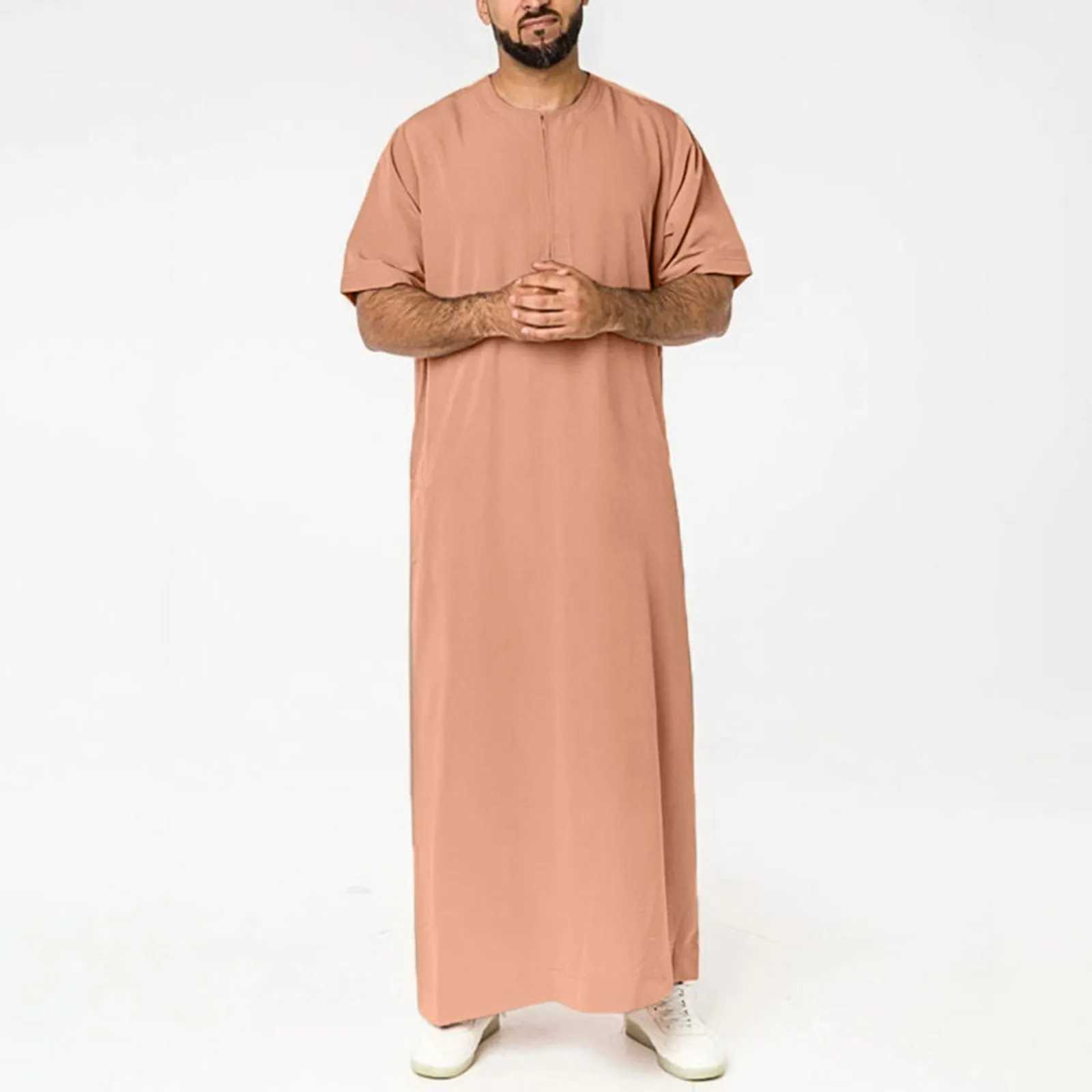 Breathable Loose Muslim Basic Shirt Mens Casual Solid Round Neck Zipper Muslim Robe Short Sleeve Jubba Thobe Ropa De Hombre X250514