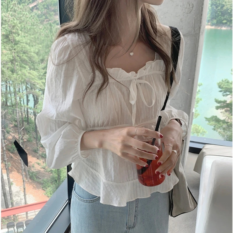 Spring Summer Elegant Womens Blouses Solid Long Sleeve Lace Up Ruffles Korean Casual Short Shirts Tops Female 250514
