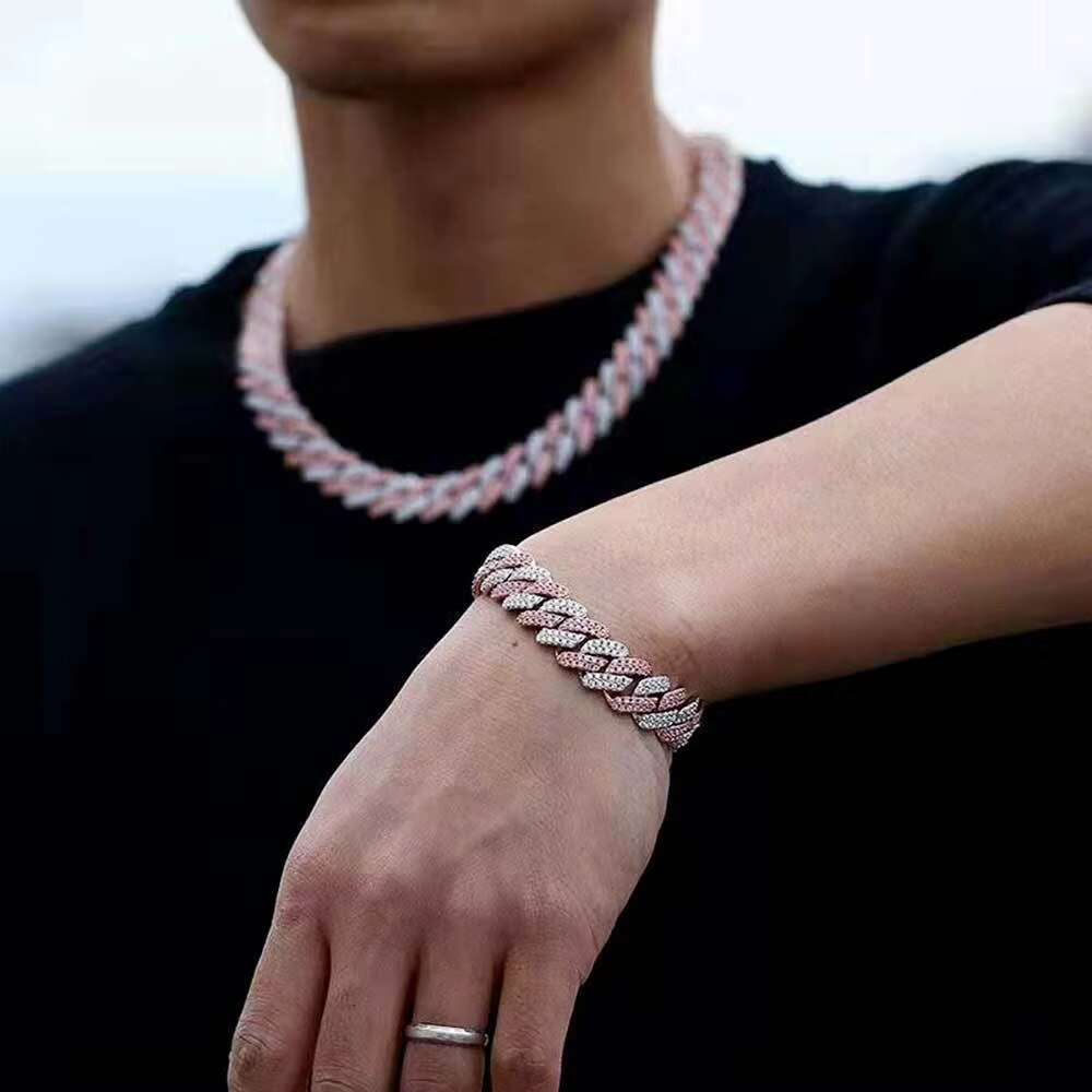 Hip hop Lced Out CZ 9mm Gold Plated Blue Pink Cubic Zirconia Miami Cuban Chain Shining Rap Singer Necklace