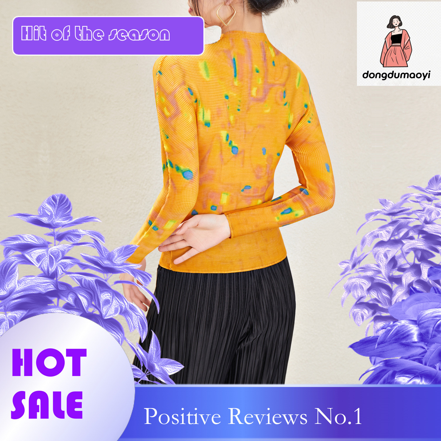 dongdumaoyi Slim fit T-shirt for women, long sleeved thin clothing, spring and autumn new products, Miyake printed western-style top, women's ver