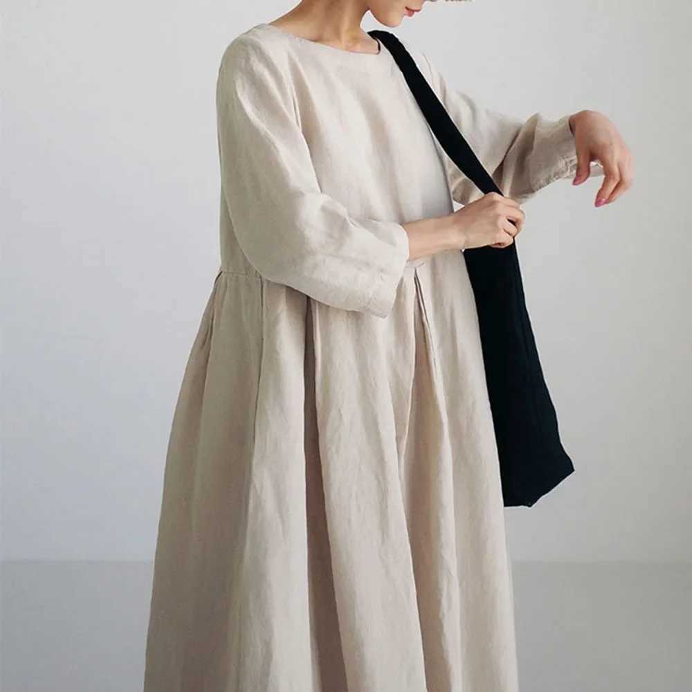 2022 Casual Artistic Cotton Linen Womens Dress Autumn Japanese Style New Olive Green Long Sleeve Elegant Long DressXJ250514