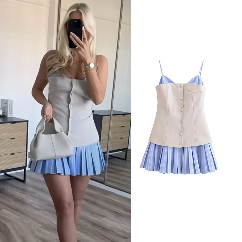 Dresses Womens Summer Chic Patchwork Tube Top Slim Mini Elegant Holiday Dress Street Fashion Youth 250514