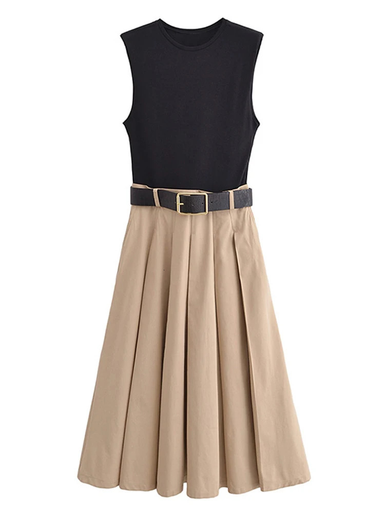 Fashion Patchwork Pleated Long Dress With Belt Women Chic Sleeveless Tank Maxi Midi Lady High Waist Holiday Party Vestidos 250514