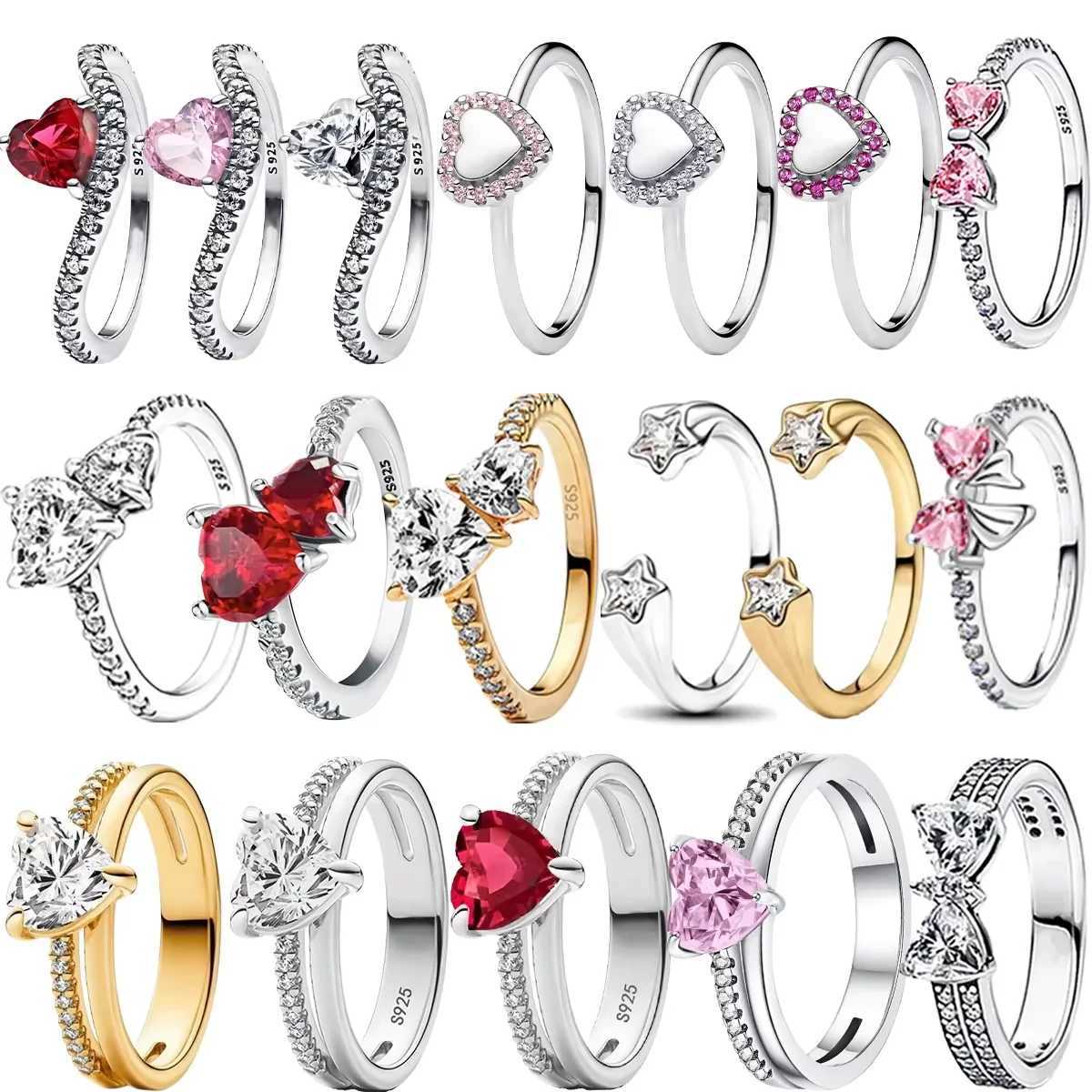 Original 925 Sterling Silver Ring Colorful Heart Crown Bow Moon Shell Crystal For Women Valentines Birtay Gift DIY JewelryXJ250514