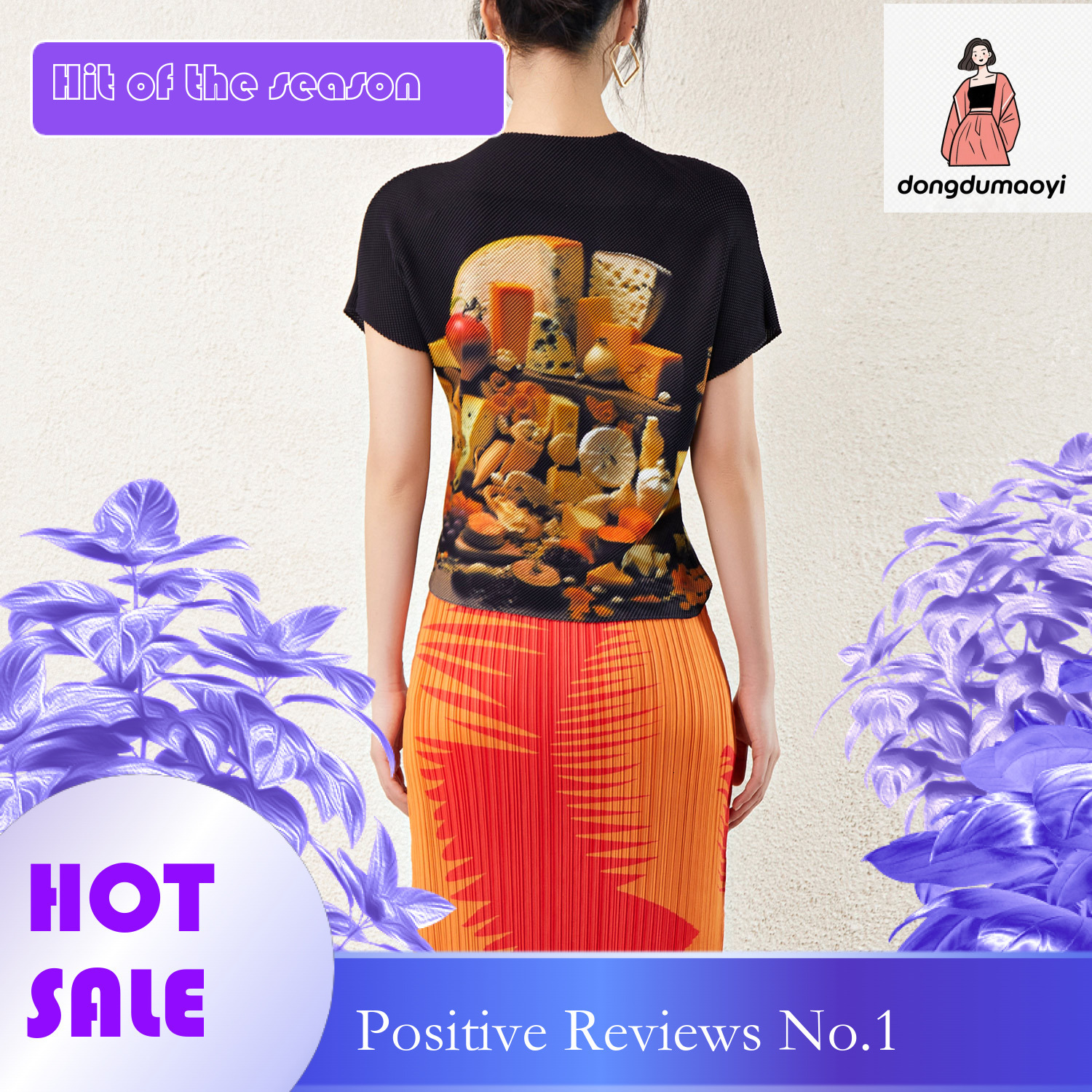 dongdumaoyi Street psychedelic letter design printed top with pleats, new hip-hop style short sleeved T-shirt, women's summer