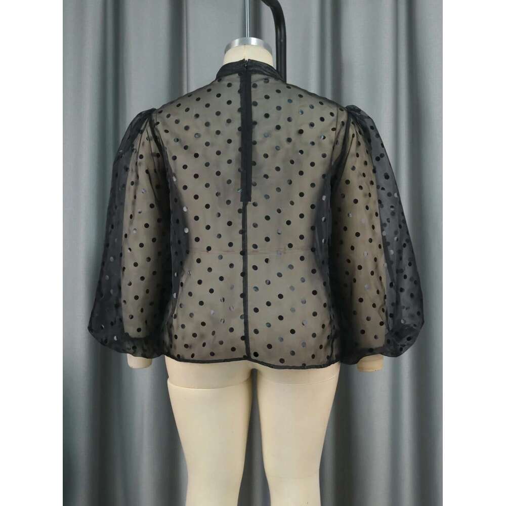 Women's Black Tulle Blouses Polka Dot Ruffles High Neck Tops Shirt Lantern Sleeve Pullover See Through Summer Clubwear Plus Size