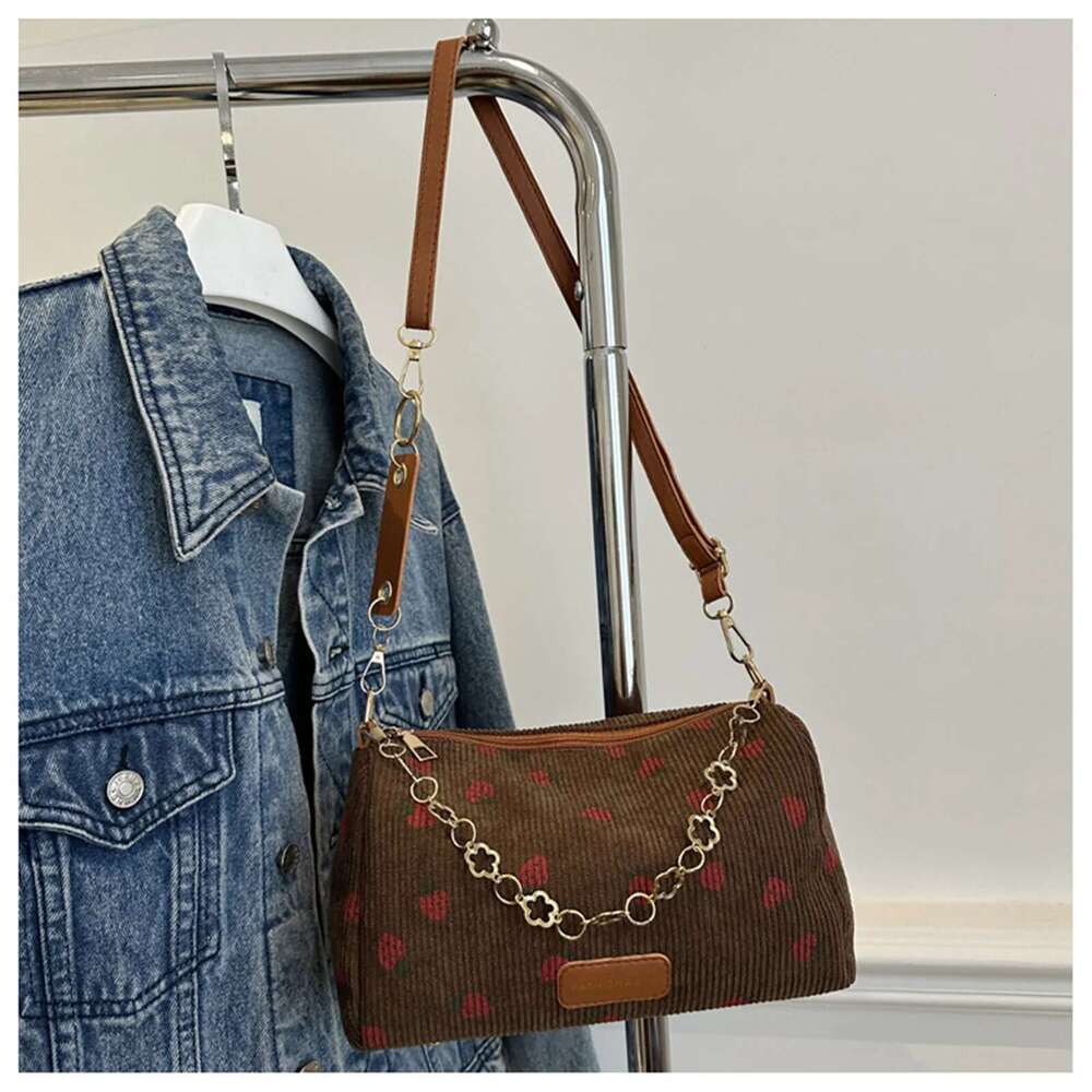 Mini Strawberry Printed Crossbody Bags Corduroy Fashion Underarm Handbags Female Student Large Capacity Travel Shoulder Bag