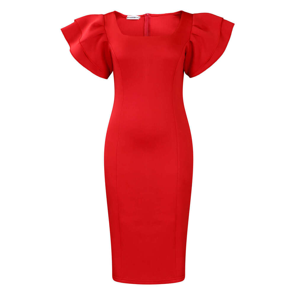 Women's Wear Women's Wear Women's Temperament Commuting Square Neck Ruffle Sleeves Socialite Party Dress