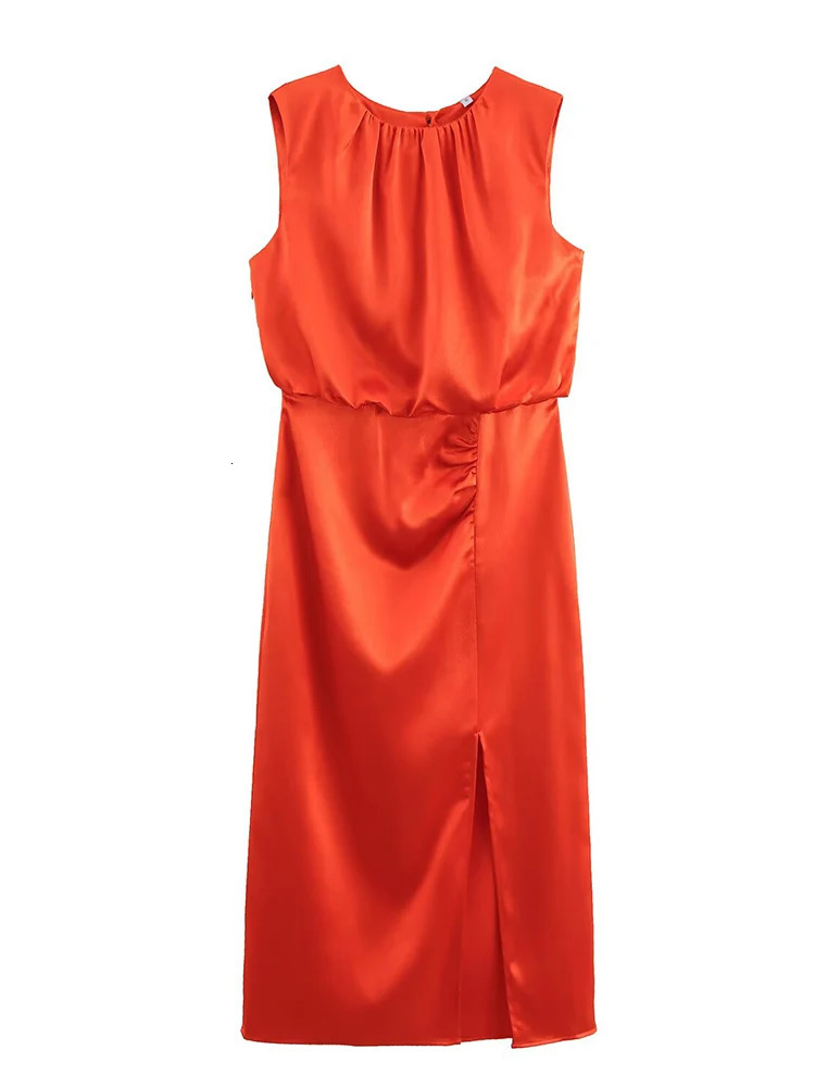 TRAF Women Elegant Solid Pleated Dress Summer Fashion Oneck Sleeveless Slim Party Simple Causal Ladies 250514
