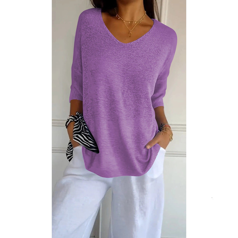 Knitted sweater casual sweater basic style slimming V-neck seven quarter sleeve solid color knitted sweater womens base shirt 250514